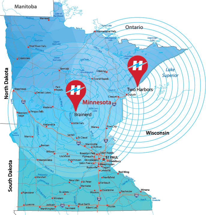 Holden Electric Co. services cities in Northeast and Central Minnesota, including Two Harbors, Duluth, Cloquet, Hibbing, Grand Rapids, Brainerd, St Cloud, St Paul, Minneapolis, Park Rapids, Bemidji, and Moorhead.